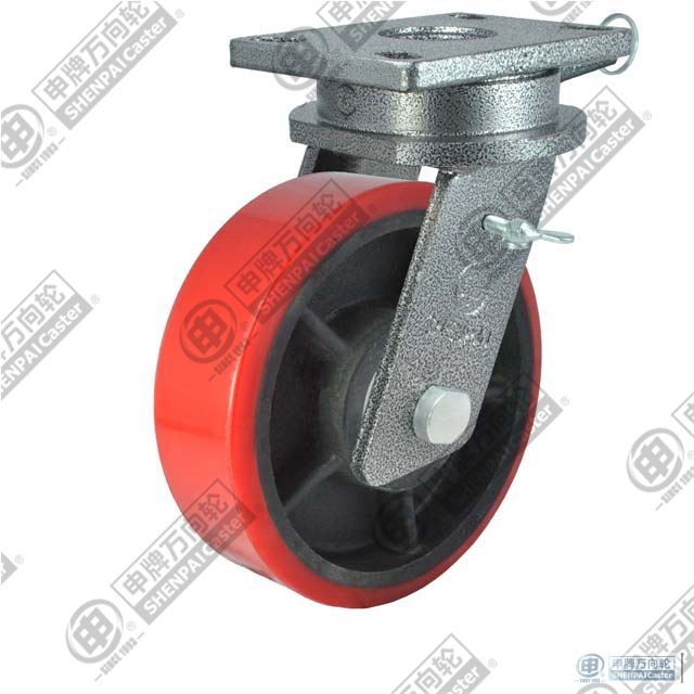 12" swivel with brake (Powder) PU on cast iron core Caster (Red)