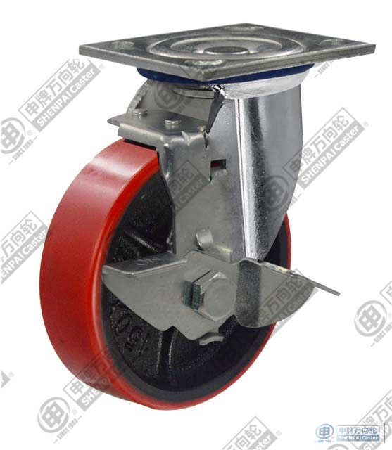 5" Side brake PU on cast iron core Caster (Red)