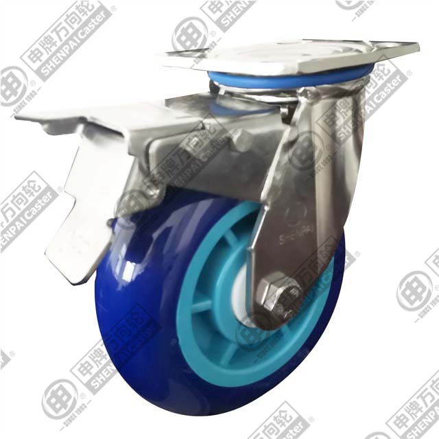 8" swivel with brake Stainless steel bracket Super PU Caster (Blue arc)