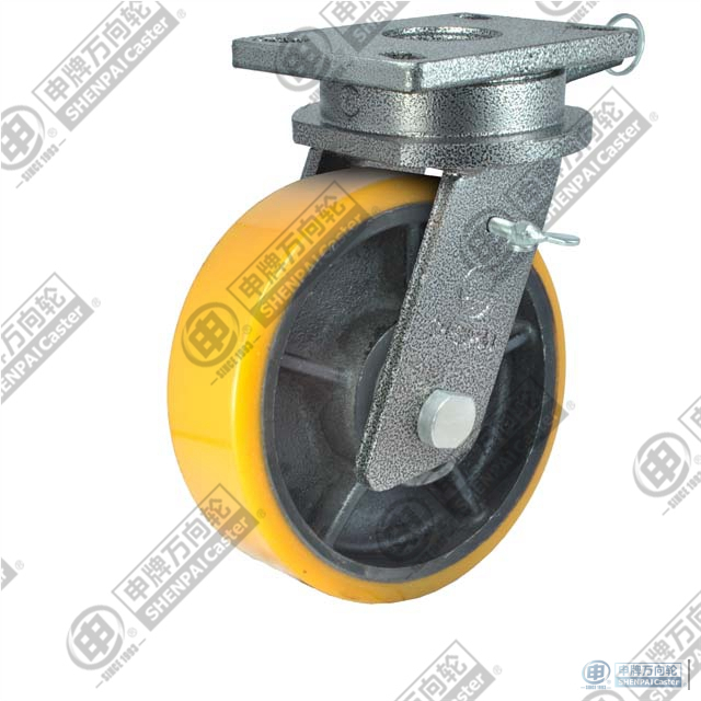 12" swivel with brake (Powder) PU on cast iron core Caster (Yellow)