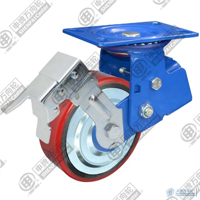 5" swivel with brake PU on cast iron core Caster (Red flat)