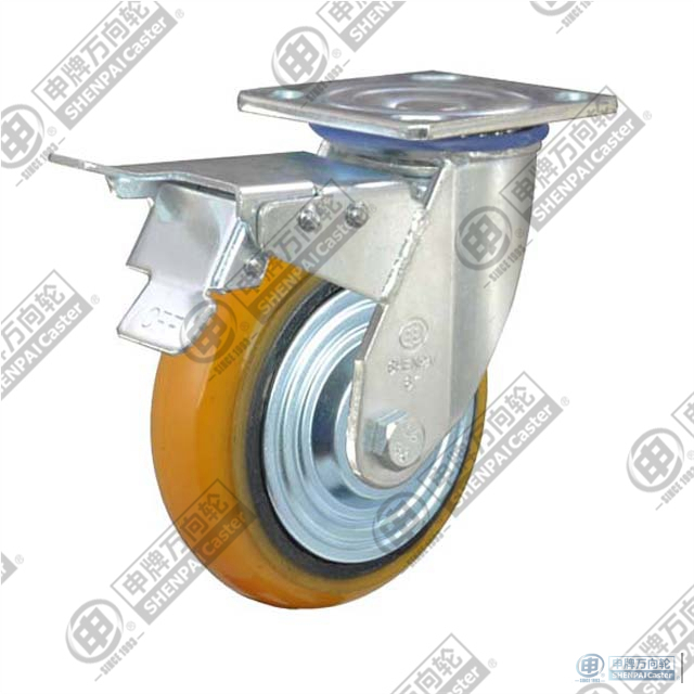 6" swivel onoff with brake PU on cast iron core Caster (Yellow arc)