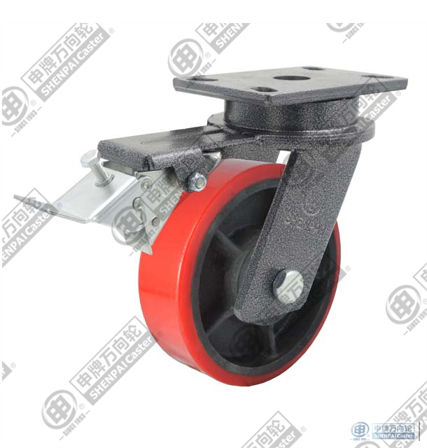 8" swivel with brake (Powder) PU on cast iron core Caster (Red)