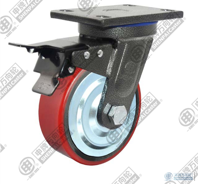 8" Swivel with brake (Powder) PU on cast iron core Caster (Red)