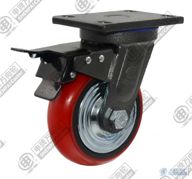 6" Swivel with brake (Powder) PU on cast iron core Caster (Red arc)
