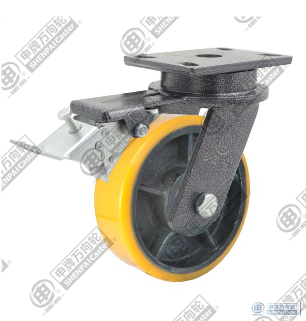 6" swivel with brake (Powder) PU on cast iron core Caster (Yellow)